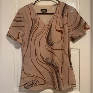 Vintage Tan Patterned Blouse with Abstract Pattern - Made in USA